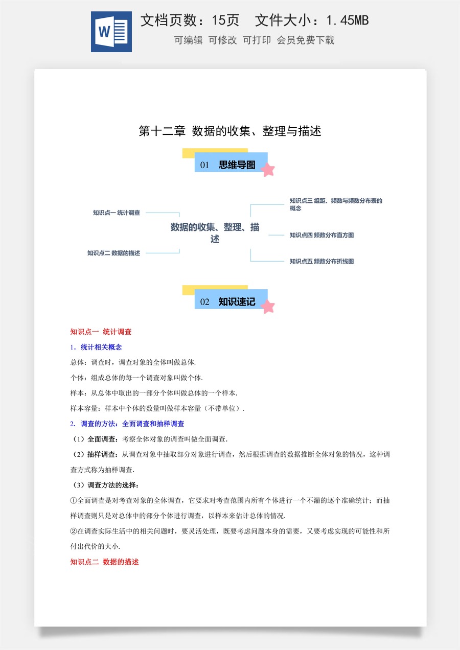 七年级数学下册单元速记·巧练第十二章 数据的收集、整理与描述（单元复习 5个知识点+8类题型突破）（原卷版）.docx